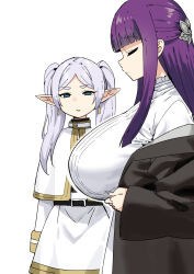 Rule 34 | 2girls, alternate breast size, blue eyes, breasts, closed eyes, closed mouth, fern (sousou no frieren), frieren, hair ornament, highres, huge breasts, long hair, long sleeves, looking at another, meme, multiple girls, parted lips, girl staring at guys chest (meme), pointy ears, purple hair, revision, simple background, sky-freedom, sousou no frieren, twintails, white background, white hair