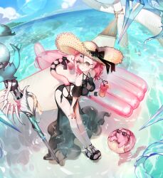 Rule 34 | 1girl, absurdres, animal, animal ears, arknights, bikini, black bikini, black bow, black footwear, black nails, bow, brown hat, cat, cat ears, cat girl, cat tail, crazy straw, cup, day, drink, drinking straw, extra ears, floppy ears, goldenglow (arknights), goldenglow (summer flowers) (arknights), hair ornament, hairclip, hat, hat bow, highres, holding, holding drink, inflatable raft, innertube, lens flare, long hair, looking at viewer, official alternate costume, outdoors, pink hair, ribiadan, sandals, solo, staff, straw hat, sun hat, sunglasses, swim ring, swimsuit, tail, wading, water, yellow eyes