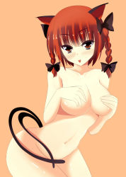 Rule 34 | 1girl, animal ears, blush, bow, braid, breasts, cat ears, cat tail, cleavage, collarbone, covering privates, covering breasts, cowboy shot, groin, hair ribbon, head tilt, kaenbyou rin, large breasts, looking at viewer, multiple tails, navel, nekomata, nitoridio, nude, orange background, red eyes, red hair, ribbon, short hair, simple background, solo, stomach, tail, tongue, tongue out, touhou, tress ribbon, twin braids, twintails