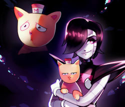 Rule 34 | 2boys, android, armor, black background, black hair, burgerpants, carrying, cat, hair over one eye, hat, holding, mettaton, mettaton ex, multiple boys, pale skin, parody, photo-referenced, purple eyes, robot, rotodisk, shoulder pads, simple background, smile, undertale, upper body