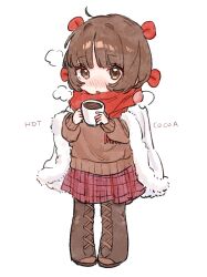 Rule 34 | 1girl, :o, alternate costume, black jack (series), blush, bob cut, boots, bow, breath, brown eyes, brown footwear, brown hair, brown sweater, child, coat, coat on shoulders, cross-laced footwear, cup, drink, english text, enugani05, full body, fur-trimmed coat, fur trim, hair bow, highres, holding, holding cup, hot chocolate, lace-up boots, long sleeves, looking at viewer, mug, multiple hair bows, pinoko, red bow, red scarf, red skirt, scarf, short hair, simple background, skirt, solo, standing, sweater, thigh boots, white background, white coat