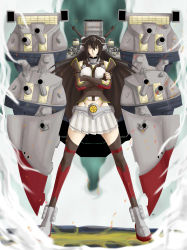 Rule 34 | 10s, 1girl, bare shoulders, black gloves, black hair, breasts, cannon, crossed arms, elbow gloves, gloves, hair ornament, hairband, headgear, highres, kantai collection, long hair, nagato (kancolle), navel, oversized object, red eyes, skirt, smoke, thighhighs, turret, versapro, weapon