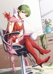 Rule 34 | 1girl, ahrara, alternate hair length, alternate hairstyle, bracelet, breasts, cape, chair, cleavage, collar, commission, fire emblem, fire emblem awakening, flower, green eyes, green hair, highres, indoors, jewelry, looking at viewer, medium breasts, mirror, nintendo, on chair, pink cape, pointy ears, red footwear, short hair, smile, solo, tiki (adult) (fire emblem), tiki (fire emblem), watermark, waving, white collar
