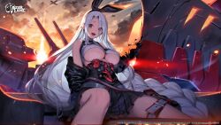 Rule 34 | 1girl, absurdres, ainezu, aircraft, airplane, azur lane, bare shoulders, braid, breasts, cloud, cloudy sky, commentary, company connection, company name, copyright name, english commentary, gloves, hairband, highres, jacket, large breasts, logo, long hair, long sleeves, looking at viewer, necktie, off shoulder, official art, open clothes, open jacket, open mouth, orange sky, outdoors, pleated skirt, prinz heinrich (azur lane), rigging, shiny skin, simple background, single braid, sitting, skirt, sky, smile, sunset, thigh strap, turret, underboob, very long hair, white hair