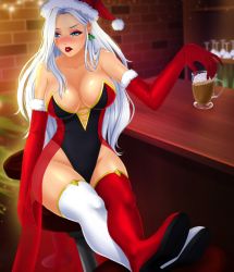 Rule 34 | blue eyes, boots, breasts, christmas, dress, earrings, eggnog, fap ceo, gloves, hat, hip focus, jewelry, crossed legs, mrs. claus (fap ceo), santa hat, white hair