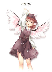 Rule 34 | 1girl, animal ears, arm up, bird wings, brown dress, chestnut mouth, dress, gorilla (bun0615), hat, highres, long sleeves, mystia lorelei, open mouth, pink hair, red eyes, shirt, solo, touhou, wings