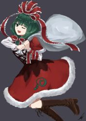 Rule 34 | 1girl, bag, blunt bangs, boots, capelet, dress, foot out of frame, frilled ribbon, frills, front ponytail, fur trim, green eyes, green hair, grey background, hair ribbon, highres, kagiyama hina, leg up, long sleeves, looking at viewer, one eye closed, open mouth, over shoulder, red capelet, red dress, red ribbon, ribbon, signature, simple background, smile, solo, tebukuro withana, touhou