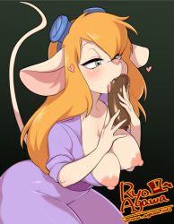 Rule 34 | 1girl, agawa ryou, alternate breast size, animal ears, artist name, bad id, bad tumblr id, black background, blush, breasts, chip &#039;n dale rescue rangers, commentary request, covered erect nipples, food, furry, furry female, gadget hackwrench, goggles, goggles on head, green eyes, heart, jumpsuit, large breasts, licking, long hair, mouse ears, mouse girl, mouse tail, nipple slip, nipples, open mouth, orange hair, phallic symbol, purple jumpsuit, saliva, sausage, sexually suggestive, simple background, solo, tail, tongue, tongue out, watermark, web address