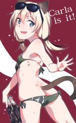 Rule 34 | 1girl, animal ears, ass, back, bare shoulders, bikini, blonde hair, blue eyes, blush, butt crack, carla j. luksic, cat ears, cat tail, cola, cowboy shot, em (totsuzen no hakike), eyewear on head, looking at viewer, low twintails, noble witches, side-tie bikini bottom, smile, solo, sunglasses, swimsuit, tail, twintails, world witches series