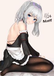 Rule 34 | 1girl, alternate costume, apron, bare shoulders, black pantyhose, blue eyes, blush, breasts, commentary request, dated, detached sleeves, dress, enmaided, frills, head tilt, highres, kantai collection, kashima (kancolle), large breasts, long hair, looking at viewer, maid, maid apron, open mouth, pantyhose, partial commentary, shiina aoi, sidelocks, silver hair, sitting, solo, tsurime, twintails, twitter username, wariza, wavy hair