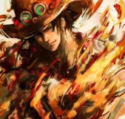 Rule 34 | 1boy, bead necklace, beads, black hair, closed mouth, commentary request, cowboy hat, fire, freckles, hat, highres, jewelry, male focus, necklace, one piece, orange hat, portgas d. ace, short hair, smile, solo, torapunch