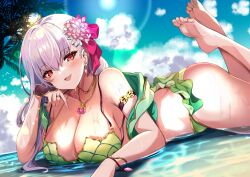 Rule 34 | 1girl, absurdres, armlet, bikini, bird, blush, bracelet, braid, braided ponytail, breasts, fate/grand order, fate (series), flower, green bikini, hair flower, hair ornament, highres, jewelry, kama (fate), kama (swimsuit avenger) (fate), kama (swimsuit avenger) (second ascension) (fate), large breasts, long hair, looking at viewer, lying, necklace, on stomach, open mouth, outdoors, parakeet, pendant, shibakame, smile, solo, swimsuit, the poae