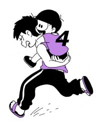 2boys aged_down carrying child child_carry heart heart_in_mouth highres male_focus matsuno_ichimatsu messy_hair multiple_boys osomatsu-kun osomatsu-san osomatsu_(series) pants piggyback purple_theme running sandals shorts smile softowel sweatpants time_paradox