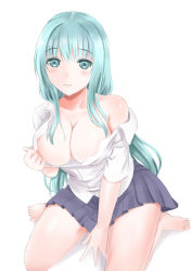 Rule 34 | 1girl, blush, breasts, cleavage, green eyes, green hair, harami, highres, large breasts, looking at viewer, original, ponytail, school uniform, solo, undressing, uniform, wavy mouth