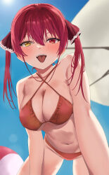 Rule 34 | 1girl, absurdres, all fours, ball, beach umbrella, beachball, bikini, blue sky, blush, breasts, cleavage, day, heterochromia, highres, hololive, houshou marine, large breasts, long hair, looking at viewer, navel, noviceeeeeeee, open mouth, outdoors, red bikini, red eyes, red hair, sky, solo, stomach, swimsuit, teeth, tongue, tongue out, twintails, umbrella, upper teeth only, virtual youtuber, yellow eyes