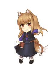 Rule 34 | 1girl, absurdres, animal ears, belt, blue shirt, boots, brown hair, chibi, fur-trimmed boots, fur-trimmed jacket, fur-trimmed skirt, fur trim, highres, holo, jacket, long hair, pouch, red eyes, shirt, simple background, skirt, smile, spice and wolf, tail, wolf ears, wolf tail, youzi (small shabao)