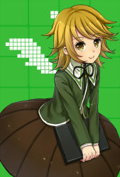 Rule 34 | 1boy, black ribbon, blush, brown eyes, brown hair, brown skirt, closed mouth, commentary request, cowboy shot, crossdressing, danganronpa: trigger happy havoc, danganronpa (series), fujisaki chihiro, gradient hair, green background, green jacket, holding, holding laptop, jacket, laptop, leaning forward, long sleeves, looking at viewer, male focus, medium hair, multicolored hair, neck ribbon, nico (nico alice), pleated skirt, ribbon, skirt, smile, solo, trap, v arms, white background