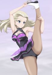 Rule 34 | 1girl, absurdres, armpits, bare shoulders, black leotard, black pantyhose, black skirt, blonde hair, blue eyes, blush, breasts, clara (girls und panzer), cleavage, collarbone, crotch, figure skating, flatfield, girls und panzer, groin, hand on leg, highres, ice skates, large breasts, leotard, long hair, looking to the side, open mouth, pantyhose, shiny clothes, shiny skin, skates, skirt, solo, spread legs