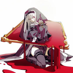 Rule 34 | 1girl, absurdres, arknights, black dress, black headwear, black thighhighs, blood, bound, bound wrists, chi ya, closed mouth, commentary, dress, expressionless, habit, hair between eyes, highres, kneeling, long sleeves, looking at viewer, mirror, pool of blood, red eyes, silver hair, simple background, sleeves past wrists, solo, specter (arknights), surreal, thighhighs, white background