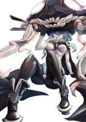 Rule 34 | 10s, 1girl, abyssal ship, ankle boots, bodysuit, boots, breasts, cape, gloves, glowing, glowing eyes, hat, kantai collection, long hair, looking at viewer, pale skin, personification, silver hair, solo, sowel (sk3), white background, wo-class aircraft carrier, yellow eyes