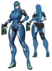 Rule 34 | 1girl, armor, ass, blue eyes, blue hair, bodysuit, character sheet, forehead protector, gradient hair, gun, hand on own hip, highres, low ponytail, multicolored hair, multiple views, muscular, muscular female, power armor, science fiction, spacezin, thighs, turnaround, weapon, wedge heels, wide hips, zoe (spacezin)