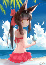 Rule 34 | 1girl, alternate costume, alternate hairstyle, animal ears, azur lane, bad id, bad pixiv id, bare back, beach, bench, bikini, black hair, blue sky, blunt bangs, blurry, bow, cloud, cloudy sky, depth of field, food, fox ears, frilled skirt, frills, from behind, hair bow, hair ribbon, holding, long hair, looking at viewer, looking back, m ko (maxft2), nagato (azur lane), ocean, parted lips, ponytail, popsicle, red bikini, ribbon, sidelocks, signature, sitting, skirt, sky, solo, swimsuit, yellow eyes