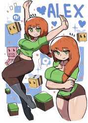 Rule 34 | !, 1girl, absurdres, alex (minecraft), animal, arms up, bee, bee (minecraft), block (object), blush, boots, breasts, brown pants, brown shorts, bug, cleavage, collarbone, confetti, crossed arms, green eyes, green shirt, grey footwear, grin, heart, highres, insect, large breasts, long hair, looking at viewer, minecraft, navel, orange hair, pants, pig, pig (minecraft), ponytail, shirt, short sleeves, shorts, smile, sparkle, spoken heart, standing, standing on one leg, teeth, tony welt, white background