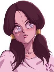 Rule 34 | 1girl, black hair, blue eyes, close-up, commentary, dragon ball, dragonball z, highres, kiecaburn, looking to the side, portrait, shirt, simple background, smile, solo, twintails, videl, white background