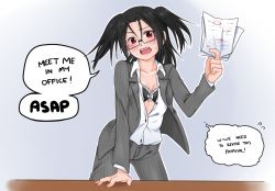 Rule 34 | black hair, blush, bra, breasts, business suit, cleavage, english text, formal, glasses, holding, jacket, office lady, open clothes, open shirt, pants, paper, red eyes, rosario+vampire, shirt, shuzen akua, solo, speech bubble, suit, sweat, techsupportdog, twintails, underwear