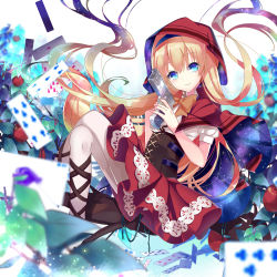Rule 34 | 1girl, apple, blue eyes, blurry, blush, bow, bowtie, brown bow, brown bowtie, cape, card, closed mouth, crossed legs, depth of field, floating hair, food, fruit, gun, handgun, holding, holding gun, holding weapon, light brown hair, long hair, looking at viewer, nyori, original, pantyhose, playing card, puffy short sleeves, puffy sleeves, red cape, red hood, short sleeves, smile, solo, weapon, white pantyhose