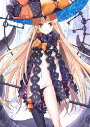 Rule 34 | 1girl, abigail williams (fate), abigail williams (second ascension) (fate), black bow, black hat, black panties, black thighhighs, blonde hair, bow, charm (object), fate/grand order, fate (series), hat, hat bow, key, keyhole, l (yuda07), long hair, looking at viewer, navel, orange bow, panties, polka dot, polka dot bow, red eyes, revealing clothes, single thighhigh, smile, solo, thighhighs, underwear, very long hair, witch hat