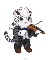 Rule 34 | 1boy, animal ears, arknights, bandaid, bandaid on face, bandaid on nose, black pants, black suit, blue bow, blue bowtie, bow, bow (music), bowtie, brown footwear, chibi, chinese commentary, commentary request, formal, furry, furry male, highres, holding, holding bow (music), holding instrument, holding violin, instrument, looking at viewer, male focus, mountain (arknights), pants, ponytail, shibata akira, shirt, suit, tail, thick eyebrows, tiger boy, tiger ears, tiger stripes, tiger tail, vest, violin, white shirt, white vest