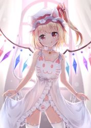 Rule 34 | 1girl, adapted costume, animal ears, bell, blonde hair, cat ears, cat lingerie, choker, collarbone, flandre scarlet, hat, hat ribbon, head tilt, jingle bell, kemonomimi mode, licking lips, lingerie, looking at viewer, meme attire, mob cap, neck bell, negligee, panties, red eyes, red ribbon, ribbon, shiero., smile, solo, thighhighs, tongue, tongue out, touhou, underwear, vampire, white panties, white ribbon, white thighhighs, wings