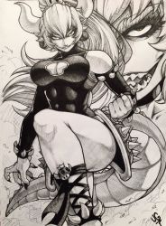 Rule 34 | 1girl, armlet, bare shoulders, black leotard, blonde hair, bowsette, bracelet, breasts, cleavage, cleavage cutout, clothing cutout, collar, earrings, fingernails, grin, highres, horns, jewelry, jgeorgedrawz, large breasts, leotard, long hair, looking at viewer, mario (series), new super mario bros. u deluxe, nintendo, pointy ears, ponytail, sharp fingernails, smile, solo, spiked armlet, spiked bracelet, spiked collar, spiked shell, spiked tail, spikes, super crown, tail, toned, turtle shell