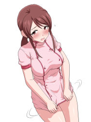 Rule 34 | 1girl, alternate costume, blush, breasts, brown eyes, brown hair, cowboy shot, from above, highres, idolmaster, idolmaster cinderella girls, kezune (i- -i), large breasts, long hair, looking to the side, mifune miyu, nurse, open mouth, ponytail, sidelocks, simple background, solo, thighs, white background