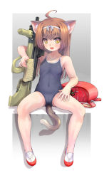 Rule 34 | 1girl, ahoge, animal ears, assault rifle, backpack, bag, breasts, brown hair, bullpup, cameltoe, cat ears, cat tail, competition school swimsuit, covered navel, fang, full body, gradient background, gun, highres, legs apart, long hair, magazine (object), magazine (weapon), mao (6r), no socks, one-piece swimsuit, open mouth, original, randoseru, rifle, school swimsuit, shoes, sitting, small breasts, smile, solo, spread legs, steyr aug, swimsuit, tail, uwabaki, weapon, yellow eyes