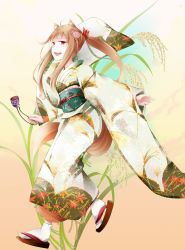 Rule 34 | 1girl, absurdres, animal ears, brown hair, commentary request, fang, floral print, flower, fudo shin, hair flower, hair ornament, highres, holo, japanese clothes, kanzashi, kimono, long sleeves, looking at viewer, nail polish, obi, open mouth, ponytail, pouch, sandals, sash, solo, spice and wolf, tabi, tail, wheat, wide sleeves, wolf ears, wolf girl, wolf tail, yukata