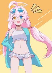 Rule 34 | 1girl, absurdres, ahoge, bikini, bikini under clothes, blue archive, blue eyes, blue jacket, eyewear on head, hair bobbles, hair ornament, halo, hand on own hip, heterochromia, highres, hoshino (blue archive), hoshino (swimsuit) (blue archive), jacket, long hair, low twintails, moruhinesan, off shoulder, open mouth, smile, solo, sunglasses, swimsuit, thighs, twintails, white bikini, yellow eyes