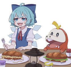 Rule 34 | 1girl, absurdres, blue dress, blue eyes, blue hair, cirno, creatures (company), crossover, dress, fuecoco, game freak, highres, ice, ice wings, kame (kamepan44231), nintendo, one-hour drawing challenge, pokemon, puffy short sleeves, puffy sleeves, sandwich, short hair, short sleeves, submarine sandwich, touhou, wings