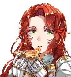 Rule 34 | 1girl, braid, eating, fire emblem, fire emblem: path of radiance, food, green eyes, long hair, looking at viewer, nintendo, pizza, red hair, solo, titania (fire emblem), wani (fadgrith)