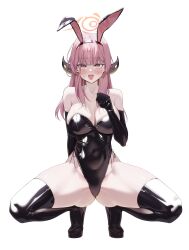 Rule 34 | 1girl, @ @, animal ears, aru (blue archive), black footwear, black gloves, black leotard, blue archive, blush, boots, breasts, brown horns, cleavage, demon horns, elbow gloves, fake animal ears, flying sweatdrops, full body, gloves, halo, high heel boots, high heels, highres, horns, large breasts, leotard, long hair, looking at viewer, open mouth, pink hair, pink halo, rabbit ears, revision, simple background, solo, strapless, strapless leotard, thigh boots, white background, yampa, yellow eyes