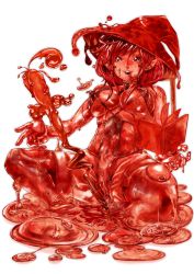 Rule 34 | 1girl, book, breasts, cross, covered erect nipples, freeride-art, hat, long hair, magician, monster girl, original, pointy ears, red eyes, red hair, red theme, slime girl, solo, spread legs, staff, witch hat