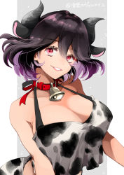 Rule 34 | 1girl, animal ears, animal print, bare shoulders, bell, black hair, black horns, black shorts, breasts, cleavage, collar, collarbone, cow ears, cow print, crop top, crop top overhang, demon girl, demon horns, fake animal ears, grey background, horns, kinsou no vermeil, large breasts, looking at viewer, medium hair, multicolored hair, neck bell, official art, parted lips, pointy ears, purple hair, red collar, red eyes, shorts, simple background, smile, two-tone hair, upper body, vermeil (kinsou no vermeil), white background, white shorts, youko (santarose)