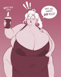Rule 34 | 1girl, apron, blonde hair, breasts, cleavage, crown, cup, ear piercing, earrings, fat, gelatingent, gigantic breasts, highres, iced latte with breast milk (meme), jewelry, lactation, lactation through clothes, lipstick, makeup, mario (series), meme, monochrome, naked apron, name tag, nintendo, piercing, princess peach, solo, super mario bros. 1, thick thighs, thighs, wide hips