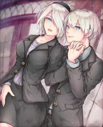 Rule 34 | 1boy, 1girl, akira (aky-la), alternate costume, bad id, bad pixiv id, belt, black hairband, blue eyes, blush, breasts, collarbone, commentary request, cowboy shot, formal, grey jacket, grey shirt, grey skirt, hairband, highres, holding hands, jacket, large breasts, long sleeves, looking at viewer, mole, mole under mouth, nier (series), nier:automata, parted lips, shirt, short hair, silver hair, skirt, suit, window, 2b (nier:automata), 9s (nier:automata)