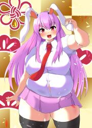 Rule 34 | 1girl, alternate body size, alternate breast size, animal ears, arm at side, blush, breasts, buttons, checkered background, commentary request, cowboy shot, fat, hair between eyes, head tilt, highres, large breasts, long hair, looking at viewer, miniskirt, necktie, nerizou, open hand, open mouth, pink hair, pink skirt, pleated skirt, rabbit ears, red eyes, red necktie, reisen udongein inaba, short sleeves, skirt, solo, straight-on, thick arms, thick thighs, thighhighs, thighs, touhou, wing collar, yellow background, zettai ryouiki