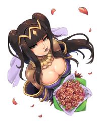 Rule 34 | 1girl, absurdres, bare shoulders, black dress, black hair, breasts, brown eyes, cleavage, dress, fire emblem, fire emblem awakening, fire emblem heroes, flower, from above, highres, large breasts, long hair, looking at viewer, looking up, nintendo, official alternate costume, petals, ravenousruss, simple background, smile, solo, tharja (bridal) (fire emblem), tharja (fire emblem), tiara, tongue, tongue out, wedding dress
