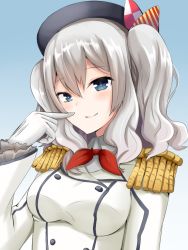 Rule 34 | 10s, 1girl, araibu (kaziki21), blue eyes, breasts, female focus, gloves, hat, kantai collection, kashima (kancolle), large breasts, long hair, military, military uniform, silver hair, smile, solo, twintails, uniform