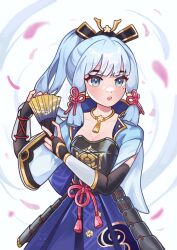 Rule 34 | 1girl, absurdres, armor, ayaka (genshin impact), blue eyes, blue hair, blue skirt, breastplate, breasts, bridal gauntlets, cleavage, commentary, elbow gloves, folding fan, genshin impact, gloves, hair tubes, hand fan, highres, holding, holding fan, long hair, looking at viewer, medium breasts, mole, mole under eye, parted lips, pleated skirt, ponytail, sidelocks, skirt, solo, upper body, verusca