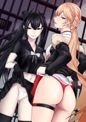 Rule 34 | 2girls, ass, bare shoulders, black hair, blush, breasts, clothes lift, come hither, double bun, from behind, girls&#039; frontline, gloves, grin, hair bun, highres, long hair, looking at viewer, looking back, low ponytail, mizukamakiri, multiple girls, open mouth, orange eyes, orange hair, ots-14 (girls&#039; frontline), ouroboros (girls&#039; frontline), panties, parted lips, pointy ears, ponytail, sangvis ferri, school uniform, shiny skin, sideboob, skirt, skirt hold, skirt lift, smile, thighhighs, thong, underwear, very long hair